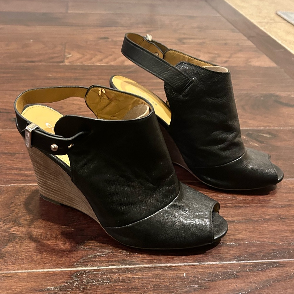 Coach Lindsay Black Leather Sling Back Wedge (9)